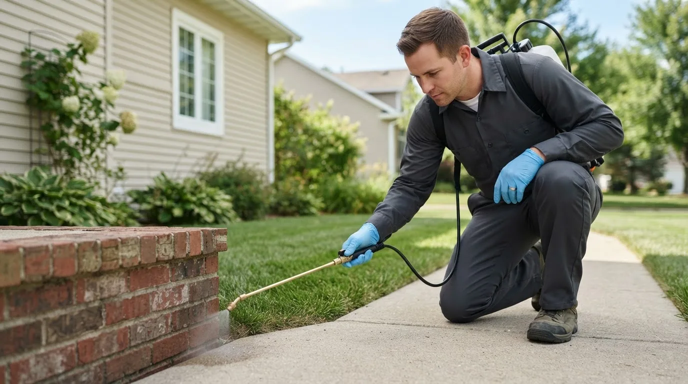 Pest control technician treating a home near Montour, IA