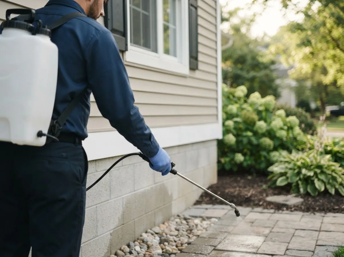 Pest control technician inspecting a home in Montour, IA